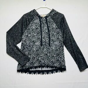 Rewind Black Lace Trim Hoodie Black Leopard Animal Print Ultra Soft Womens Large